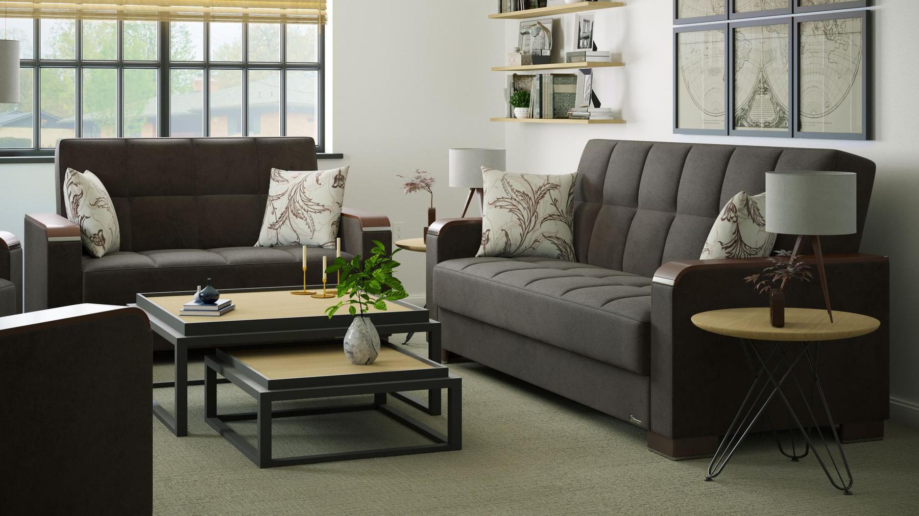 Modern design, Friar Brown , Microfiber upholstered convertible sleeper Loveseat with underseat storage from Voyage Luxe by Ottomanson in living room lifestyle setting with another piece of furniture. This Loveseat measures 67 inches width by 36 inches depth by 41 inches height.