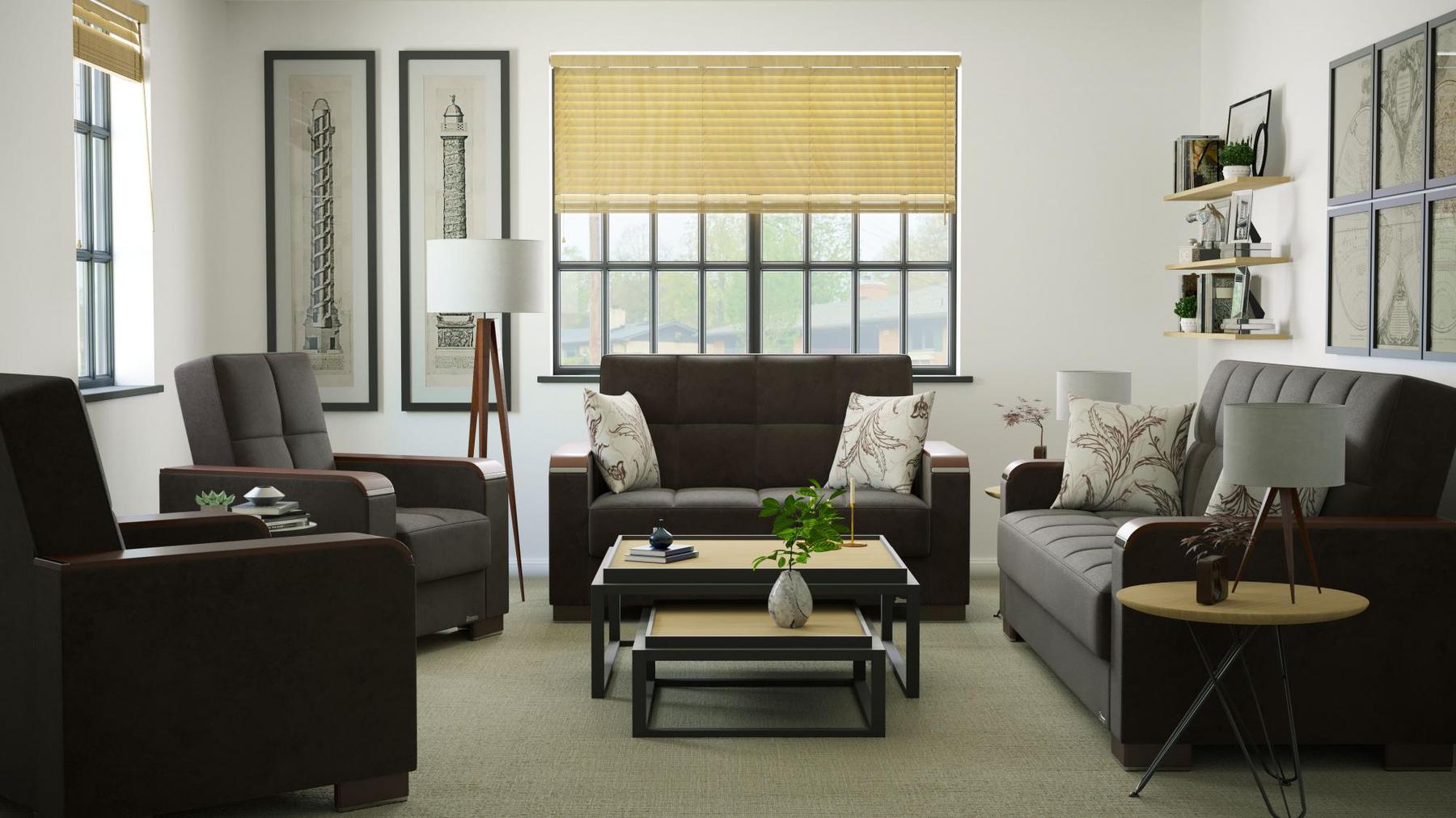 Modern design, Friar Brown , Microfiber upholstered convertible sleeper Loveseat with underseat storage from Voyage Luxe by Ottomanson in living room lifestyle setting with the matching furniture set. This Loveseat measures 67 inches width by 36 inches depth by 41 inches height.