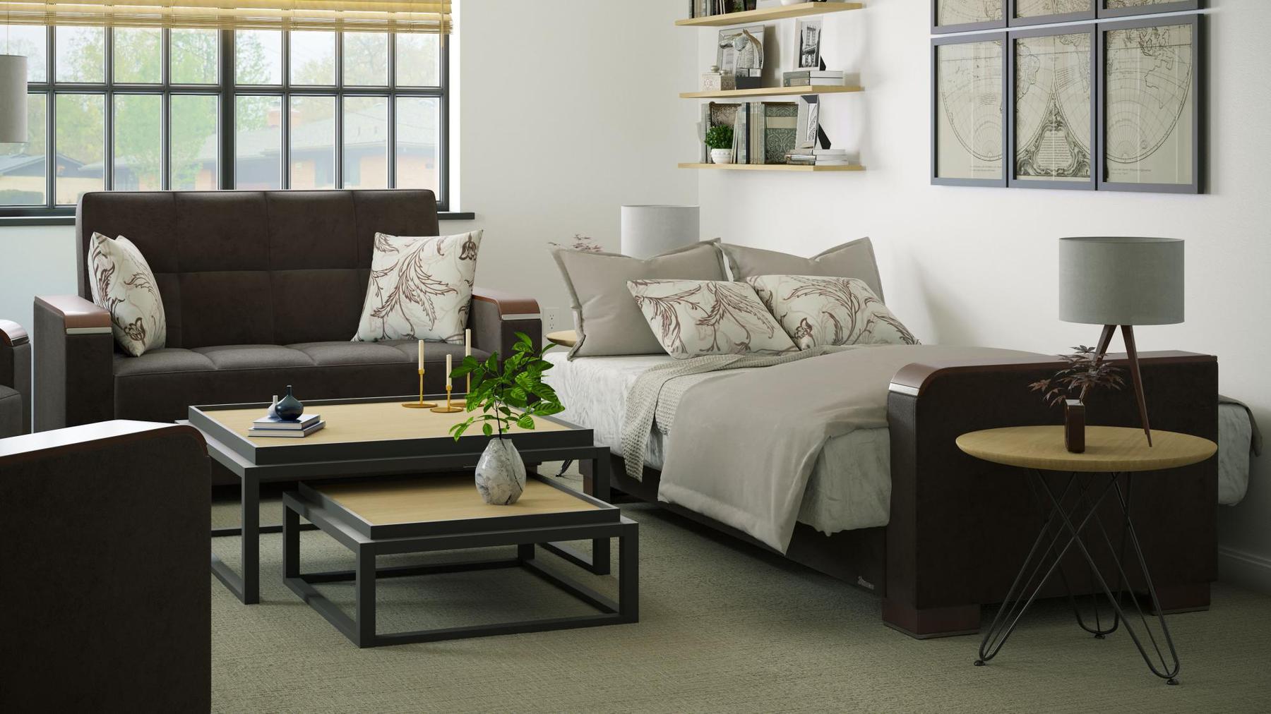 Modern design, Friar Brown , Microfiber  upholstered convertible sleeper Loveseat with underseat storage from Voyage Luxe by Ottomanson in living room lifestyle setting converted to sleeper. This Loveseat measures 67 inches width by 36 inches depth by 41 inches height.