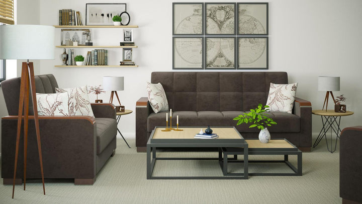 Modern design, Friar Brown , Microfiber upholstered convertible sleeper Sofabed with underseat storage from Voyage Luxe by Ottomanson in living room lifestyle setting with another piece of furniture. This Sofabed measures 90 inches width by 36 inches depth by 41 inches height.