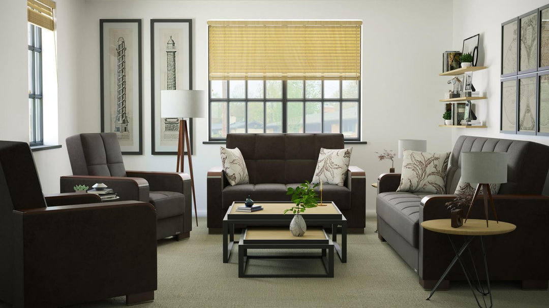Modern design, Friar Brown , Microfiber upholstered convertible sleeper Sofabed with underseat storage from Voyage Luxe by Ottomanson in living room lifestyle setting with the matching furniture set. This Sofabed measures 90 inches width by 36 inches depth by 41 inches height.