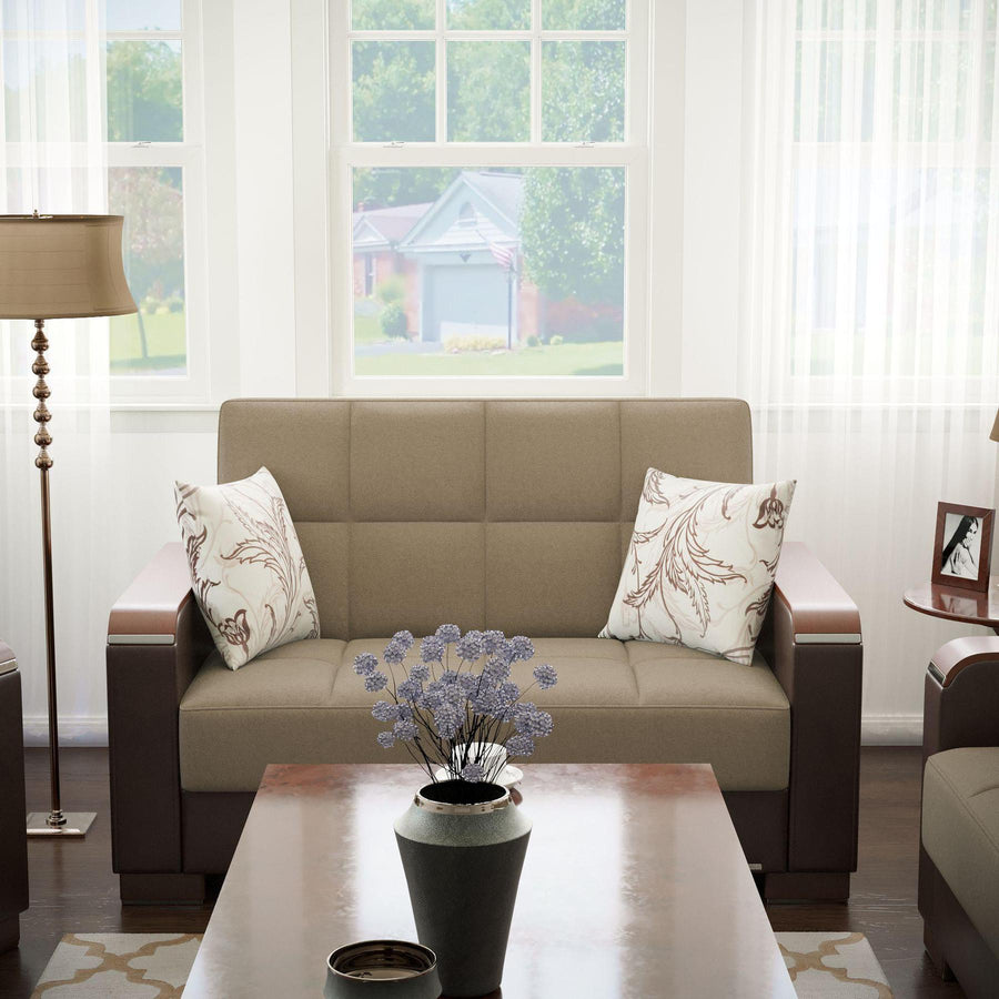 Modern design, Light Taupe, Dark Brown , Chenille, Artificial Leather upholstered convertible sleeper Loveseat with underseat storage from Voyage Luxe by Ottomanson in living room lifestyle setting by itself. This Loveseat measures 67 inches width by 36 inches depth by 41 inches height.