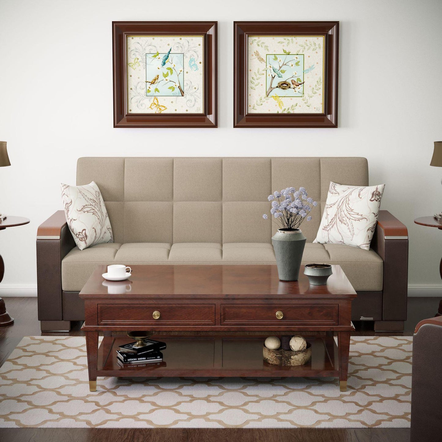 Modern design, Light Taupe, Dark Brown , Chenille, Artificial Leather upholstered convertible sleeper Sofabed with underseat storage from Voyage Luxe by Ottomanson in living room lifestyle setting by itself. This Sofabed measures 90 inches width by 36 inches depth by 41 inches height.