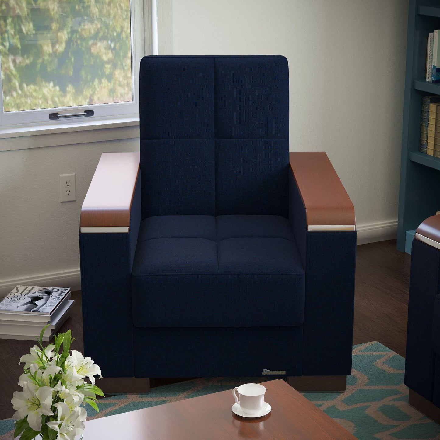 Modern design, Black Blue Denim , Chenille upholstered convertible Armchair with underseat storage from Voyage Luxe by Ottomanson in living room lifestyle setting by itself. This Armchair measures 38 inches width by 36 inches depth by 41 inches height.