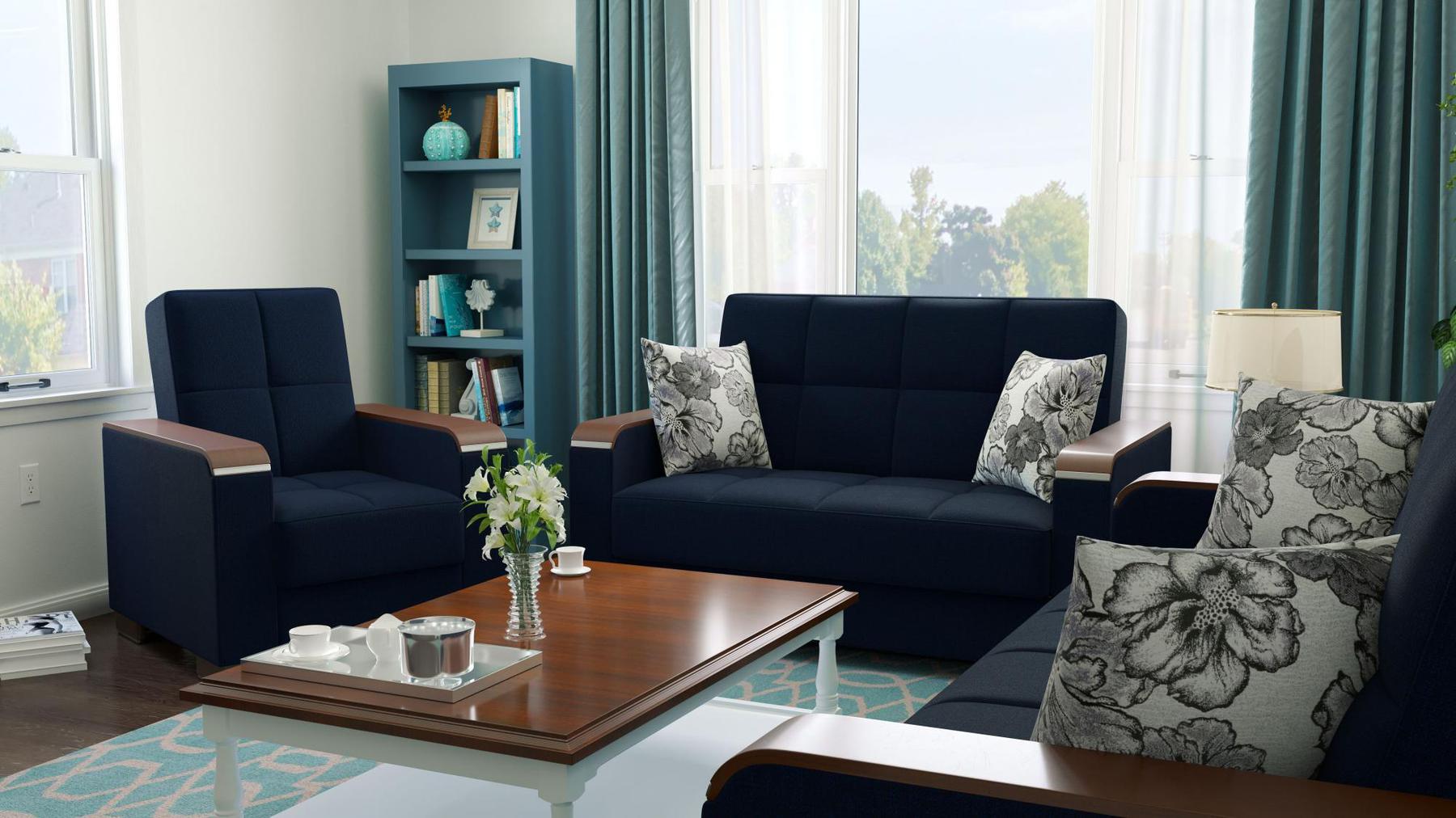 Modern design, Black Blue Denim , Chenille upholstered convertible Armchair with underseat storage from Voyage Luxe by Ottomanson in living room lifestyle setting with another piece of furniture. This Armchair measures 38 inches width by 36 inches depth by 41 inches height.