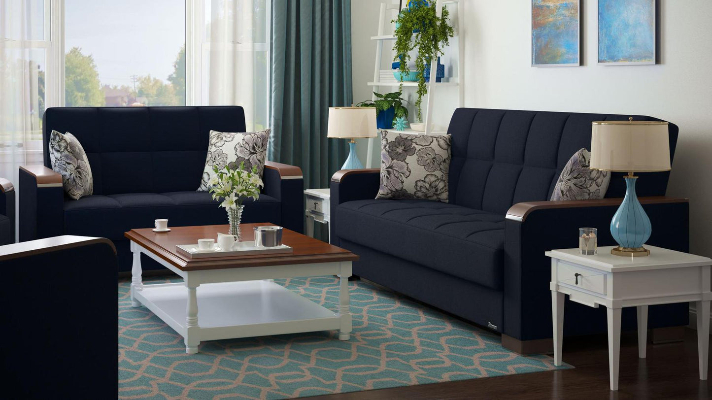 Modern design, Black Blue Denim , Chenille upholstered convertible sleeper Loveseat with underseat storage from Voyage Luxe by Ottomanson in living room lifestyle setting with another piece of furniture. This Loveseat measures 67 inches width by 36 inches depth by 41 inches height.