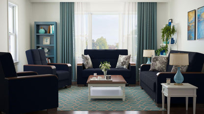 Modern design, Black Blue Denim , Chenille upholstered convertible sleeper Loveseat with underseat storage from Voyage Luxe by Ottomanson in living room lifestyle setting with the matching furniture set. This Loveseat measures 67 inches width by 36 inches depth by 41 inches height.
