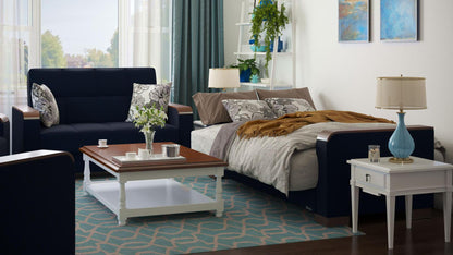 Modern design, Black Blue Denim , Chenille  upholstered convertible sleeper Loveseat with underseat storage from Voyage Luxe by Ottomanson in living room lifestyle setting converted to sleeper. This Loveseat measures 67 inches width by 36 inches depth by 41 inches height.
