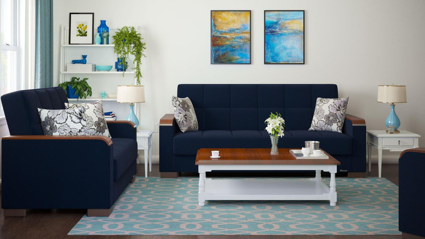 Modern design, Black Blue Denim , Chenille upholstered convertible sleeper Sofabed with underseat storage from Voyage Luxe by Ottomanson in living room lifestyle setting with another piece of furniture. This Sofabed measures 90 inches width by 36 inches depth by 41 inches height.