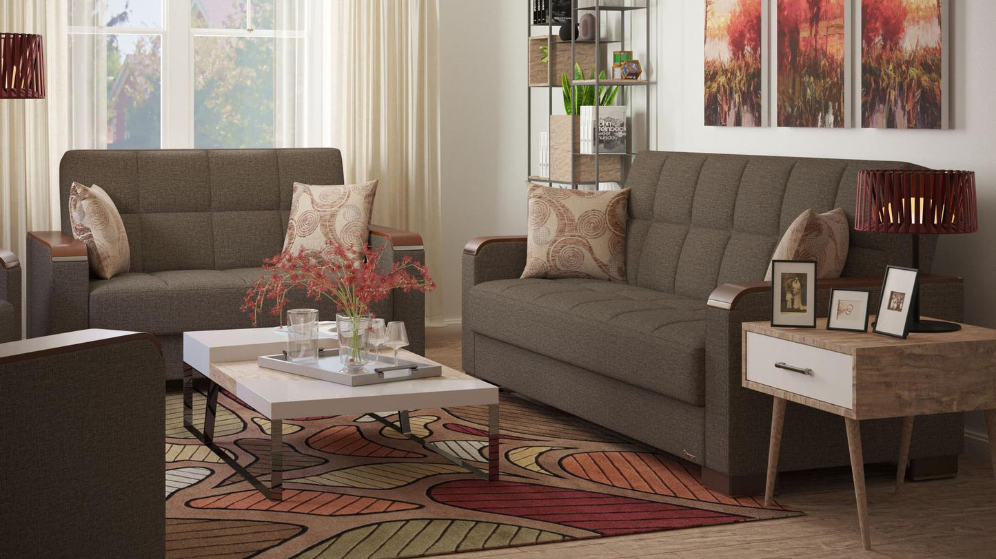 Modern design, Tannin Brown , Chenille upholstered convertible sleeper Loveseat with underseat storage from Voyage Luxe by Ottomanson in living room lifestyle setting with another piece of furniture. This Loveseat measures 67 inches width by 36 inches depth by 41 inches height.