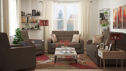 Modern design, Tannin Brown , Chenille upholstered convertible sleeper Loveseat with underseat storage from Voyage Luxe by Ottomanson in living room lifestyle setting with the matching furniture set. This Loveseat measures 67 inches width by 36 inches depth by 41 inches height.