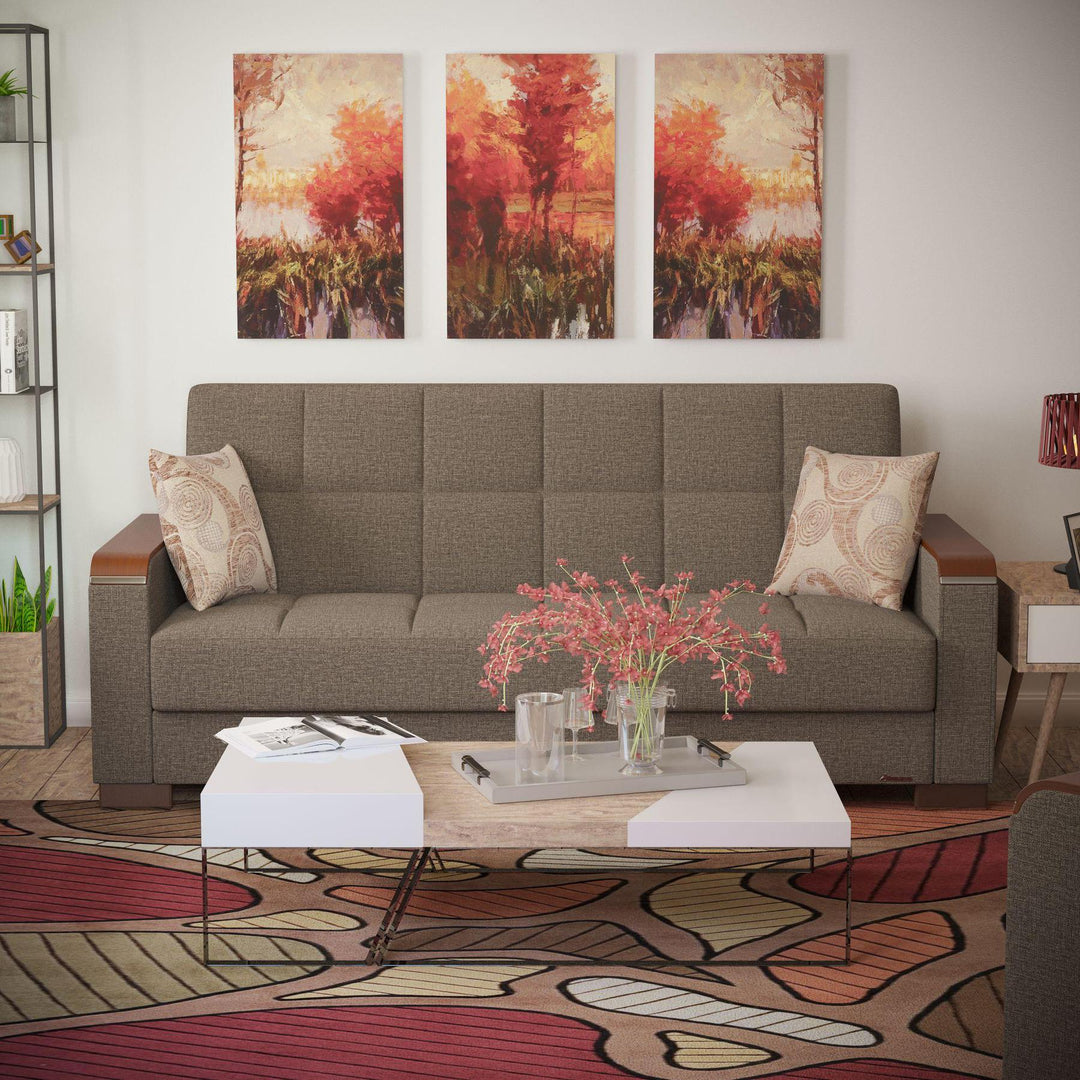 Modern design, Tannin Brown , Chenille upholstered convertible sleeper Sofabed with underseat storage from Voyage Luxe by Ottomanson in living room lifestyle setting by itself. This Sofabed measures 90 inches width by 36 inches depth by 41 inches height.