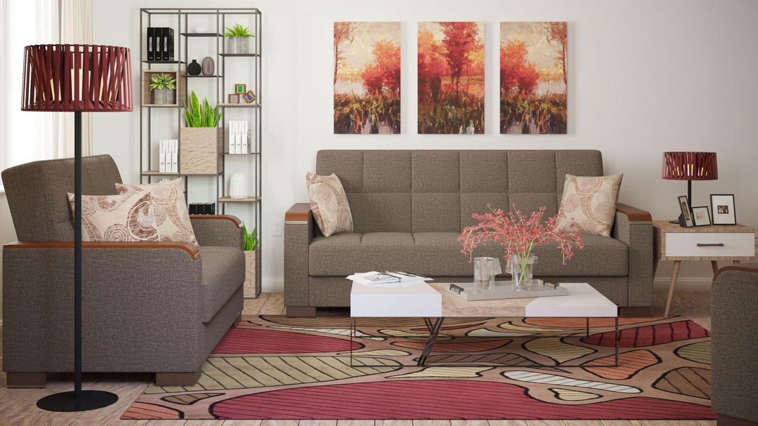 Modern design, Tannin Brown , Chenille upholstered convertible sleeper Sofabed with underseat storage from Voyage Luxe by Ottomanson in living room lifestyle setting with another piece of furniture. This Sofabed measures 90 inches width by 36 inches depth by 41 inches height.