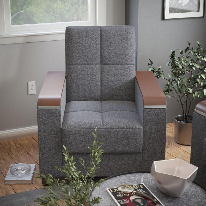 Modern design, Salt and Pepper Gray , Chenille upholstered convertible Armchair with underseat storage from Voyage Luxe by Ottomanson in living room lifestyle setting by itself. This Armchair measures 38 inches width by 36 inches depth by 41 inches height.