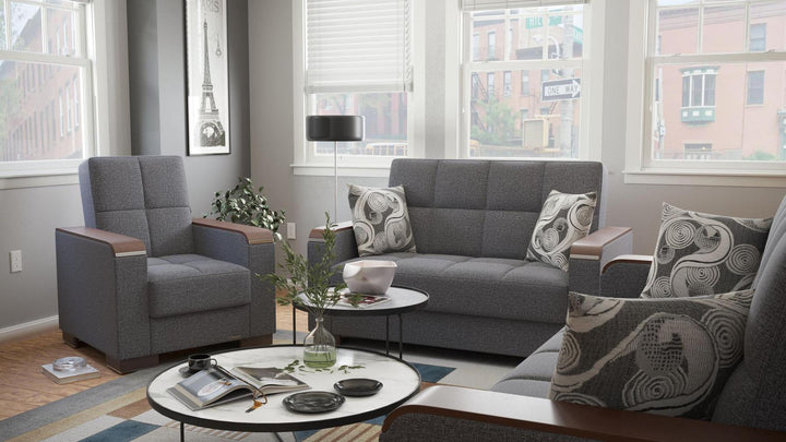 Modern design, Salt and Pepper Gray , Chenille upholstered convertible Armchair with underseat storage from Voyage Luxe by Ottomanson in living room lifestyle setting with another piece of furniture. This Armchair measures 38 inches width by 36 inches depth by 41 inches height.