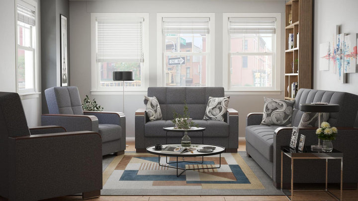 Modern design, Salt and Pepper Gray , Chenille upholstered convertible sleeper Loveseat with underseat storage from Voyage Luxe by Ottomanson in living room lifestyle setting with the matching furniture set. This Loveseat measures 67 inches width by 36 inches depth by 41 inches height.