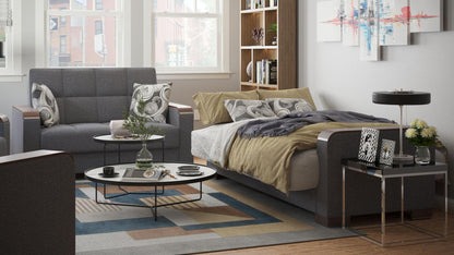 Modern design, Salt and Pepper Gray , Chenille  upholstered convertible sleeper Loveseat with underseat storage from Voyage Luxe by Ottomanson in living room lifestyle setting converted to sleeper. This Loveseat measures 67 inches width by 36 inches depth by 41 inches height.