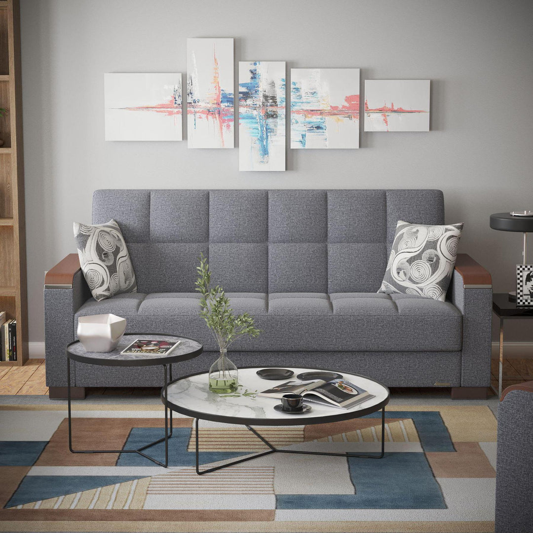 Modern design, Salt and Pepper Gray , Chenille upholstered convertible sleeper Sofabed with underseat storage from Voyage Luxe by Ottomanson in living room lifestyle setting by itself. This Sofabed measures 90 inches width by 36 inches depth by 41 inches height.