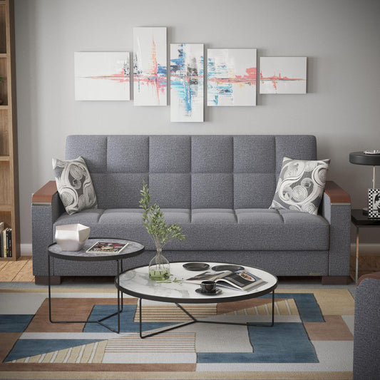 Modern design, Salt and Pepper Gray , Chenille upholstered convertible sleeper Sofabed with underseat storage from Voyage Luxe by Ottomanson in living room lifestyle setting by itself. This Sofabed measures 90 inches width by 36 inches depth by 41 inches height.