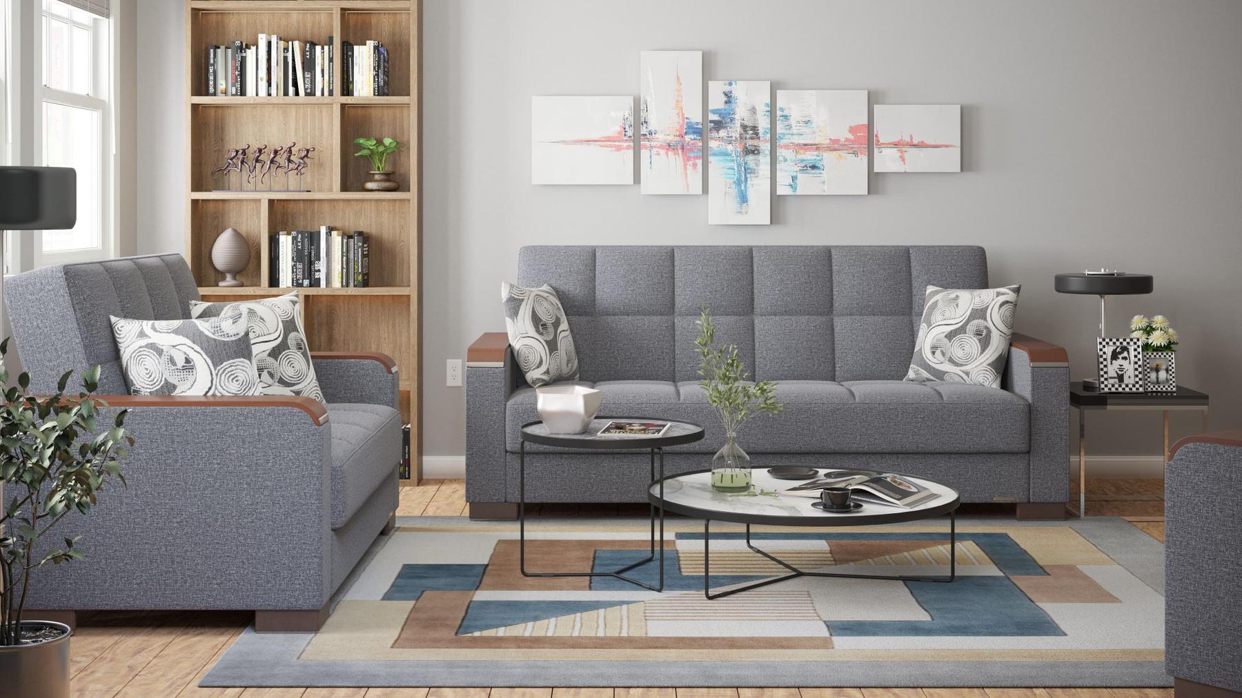 Modern design, Salt and Pepper Gray , Chenille upholstered convertible sleeper Sofabed with underseat storage from Voyage Luxe by Ottomanson in living room lifestyle setting with another piece of furniture. This Sofabed measures 90 inches width by 36 inches depth by 41 inches height.