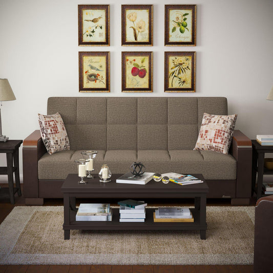 Modern design, Tannin Brown, Dark Brown , Chenille, Artificial Leather upholstered convertible sleeper Sofabed with underseat storage from Voyage Luxe by Ottomanson in living room lifestyle setting by itself. This Sofabed measures 90 inches width by 36 inches depth by 41 inches height.