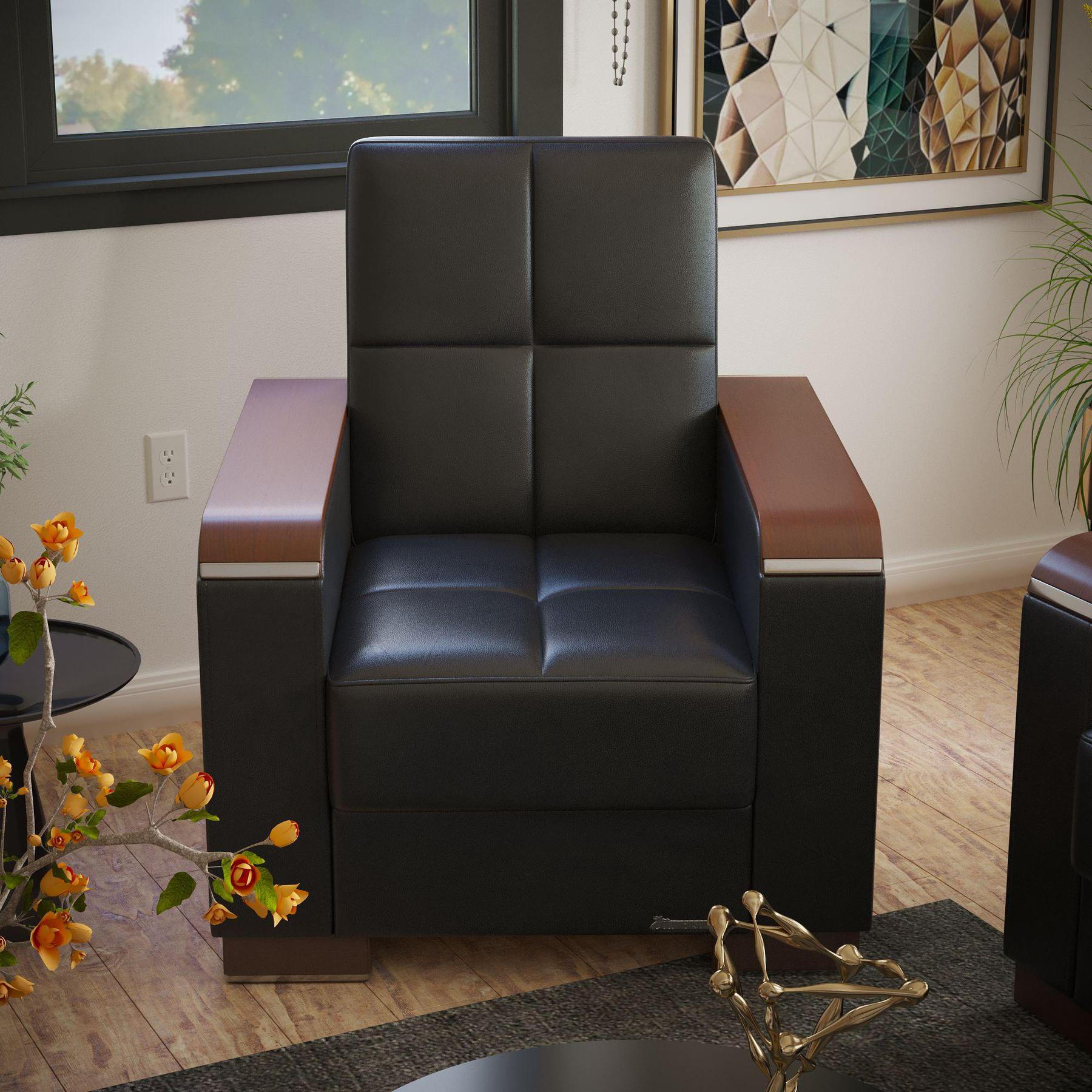 Modern design, Black , Artificial Leather upholstered convertible Armchair with underseat storage from Voyage Luxe by Ottomanson in living room lifestyle setting by itself. This Armchair measures 38 inches width by 36 inches depth by 41 inches height.