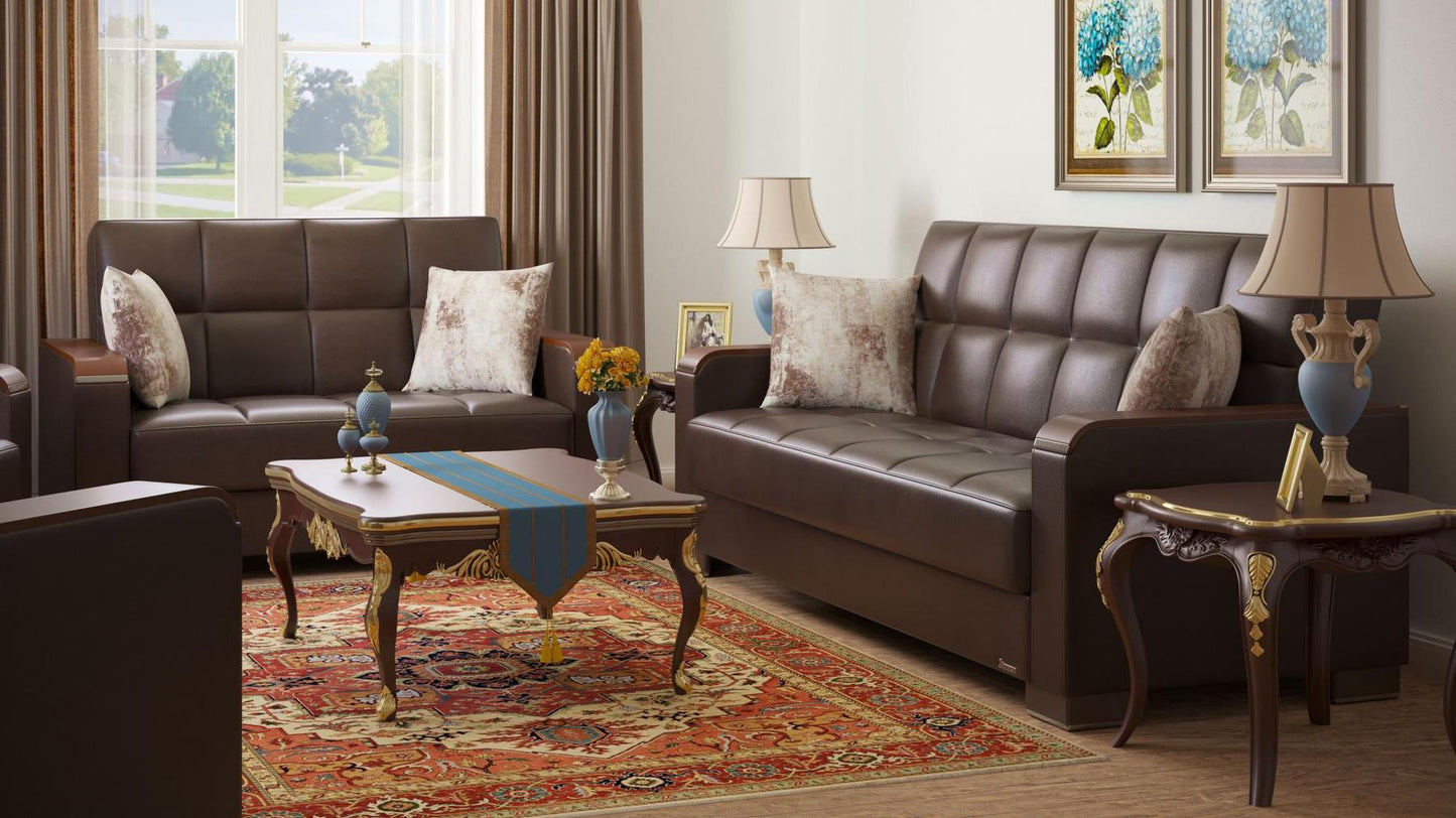 Modern design, Dark Brown , Artificial Leather upholstered convertible sleeper Loveseat with underseat storage from Voyage Luxe by Ottomanson in living room lifestyle setting with another piece of furniture. This Loveseat measures 67 inches width by 36 inches depth by 41 inches height.