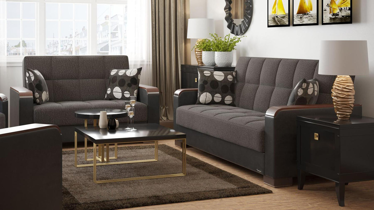 Modern design, Dark Slate Gray, Black , Chenille, Artificial Leather upholstered convertible sleeper Loveseat with underseat storage from Voyage Luxe by Ottomanson in living room lifestyle setting with another piece of furniture. This Loveseat measures 67 inches width by 36 inches depth by 41 inches height.