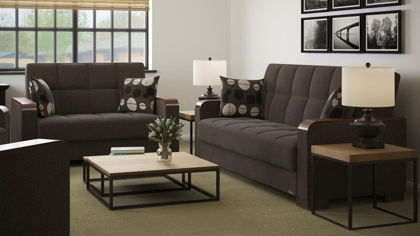 Modern design, Dark Slate Gray , Chenille upholstered convertible sleeper Loveseat with underseat storage from Voyage Luxe by Ottomanson in living room lifestyle setting with another piece of furniture. This Loveseat measures 67 inches width by 36 inches depth by 41 inches height.
