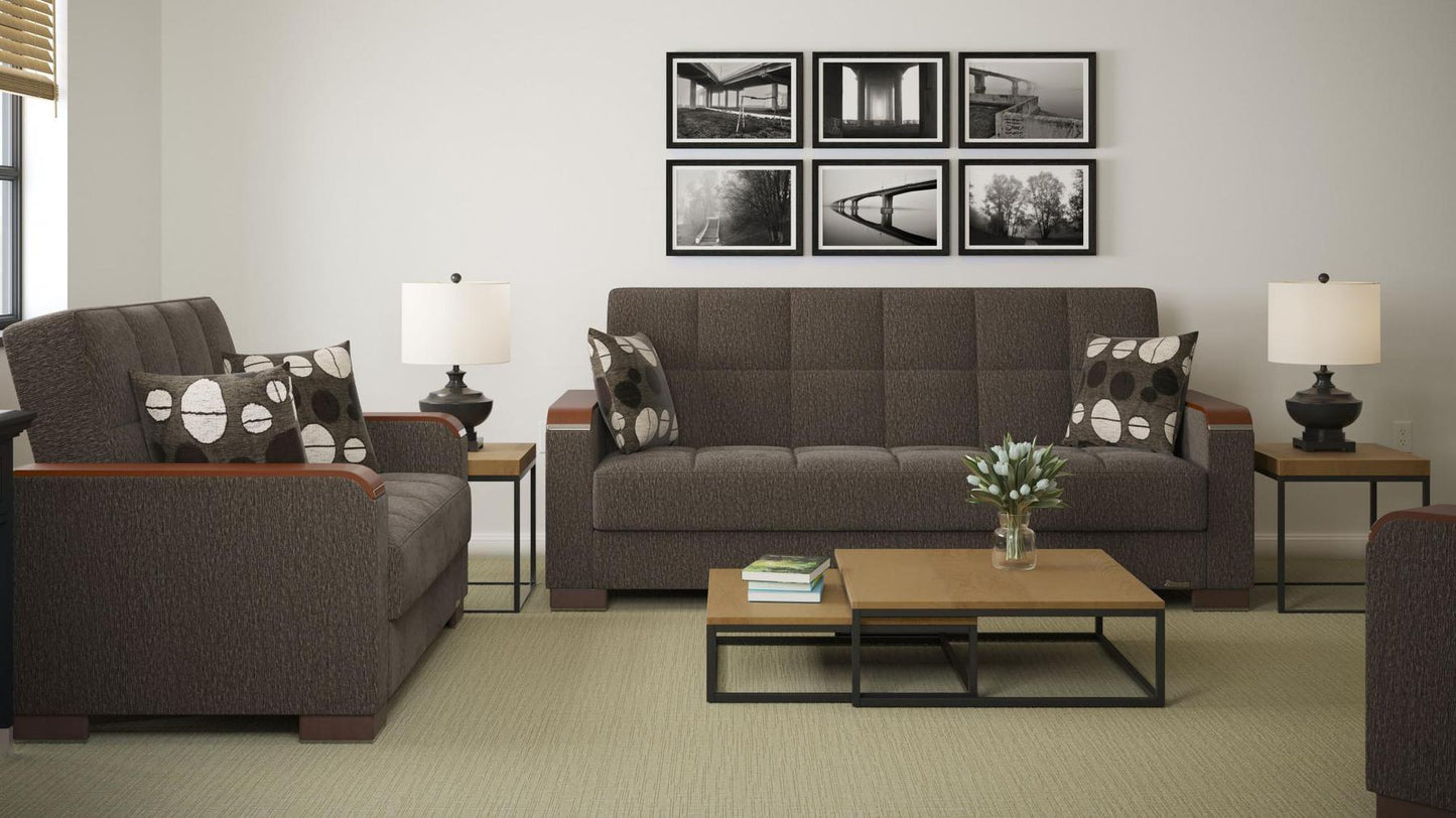 Modern design, Dark Slate Gray , Chenille upholstered convertible sleeper Sofabed with underseat storage from Voyage Luxe by Ottomanson in living room lifestyle setting with another piece of furniture. This Sofabed measures 90 inches width by 36 inches depth by 41 inches height.