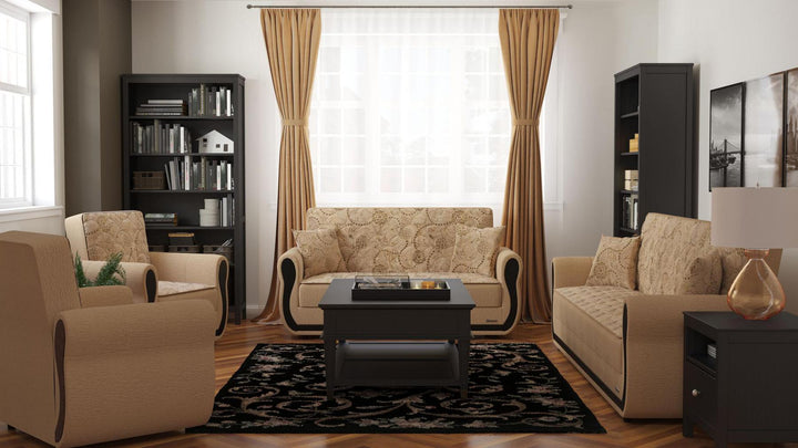Modern design, Linen Color , Chenille upholstered convertible Armchair with underseat storage from Victoria Urban by Ottomanson in living room lifestyle setting with the matching furniture set. This Armchair measures 39 inches width by 28 inches depth by 38 inches height.