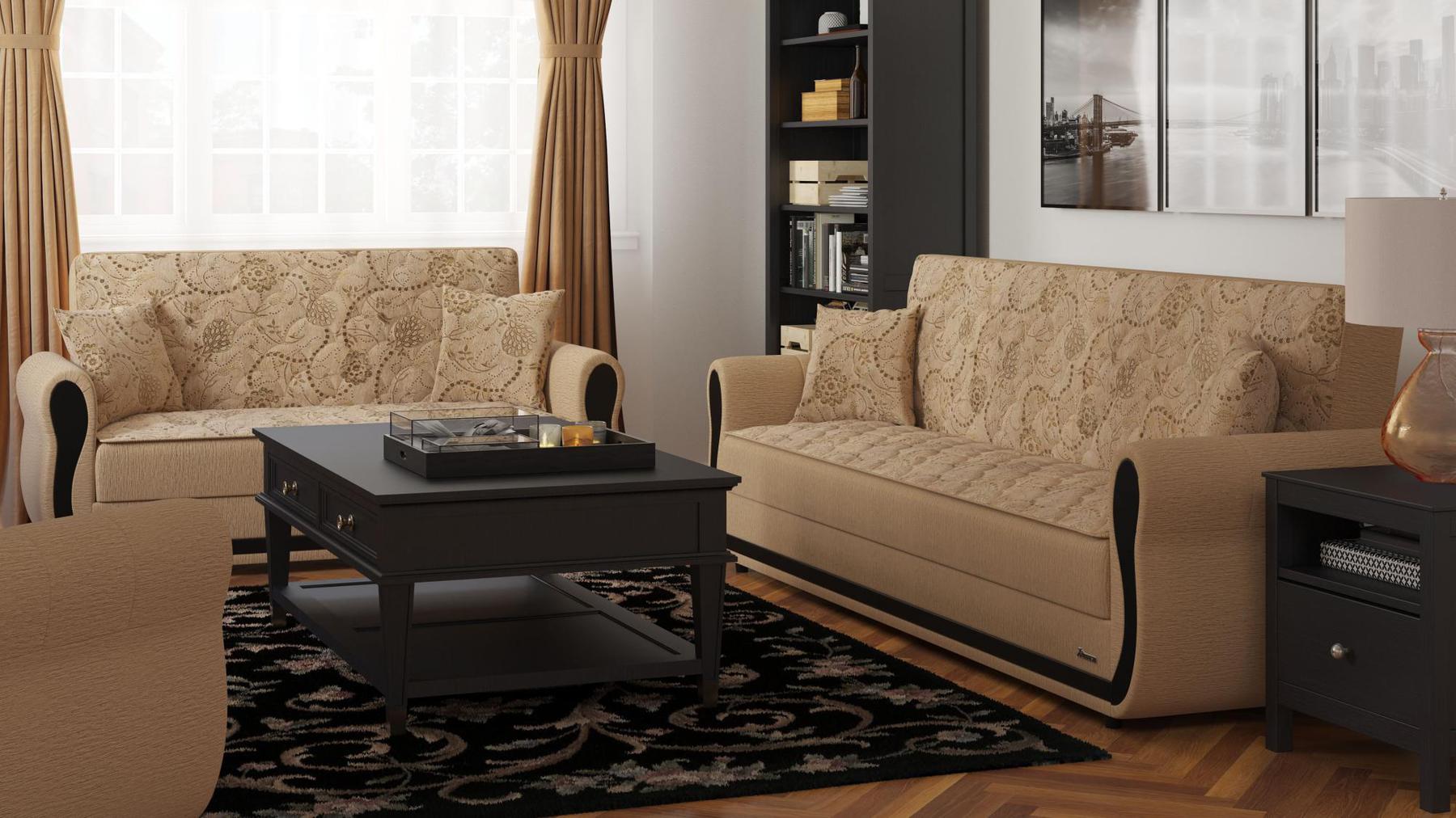 Modern design, Linen Color , Chenille upholstered convertible sleeper Loveseat with underseat storage from Victoria Urban by Ottomanson in living room lifestyle setting with another piece of furniture. This Loveseat measures 70 inches width by 28 inches depth by 38 inches height.