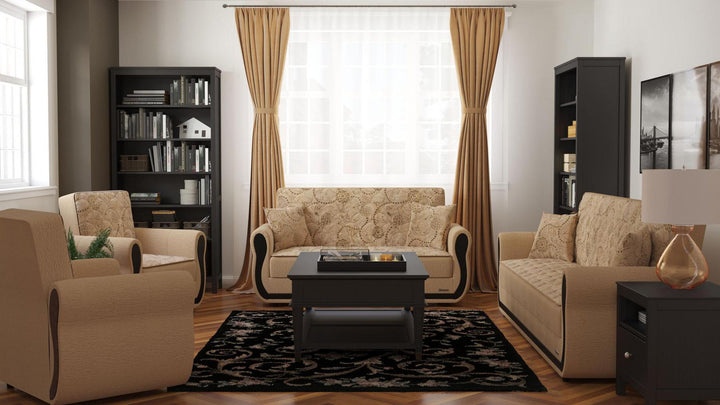 Modern design, Linen Color , Chenille upholstered convertible sleeper Loveseat with underseat storage from Victoria Urban by Ottomanson in living room lifestyle setting with the matching furniture set. This Loveseat measures 70 inches width by 28 inches depth by 38 inches height.