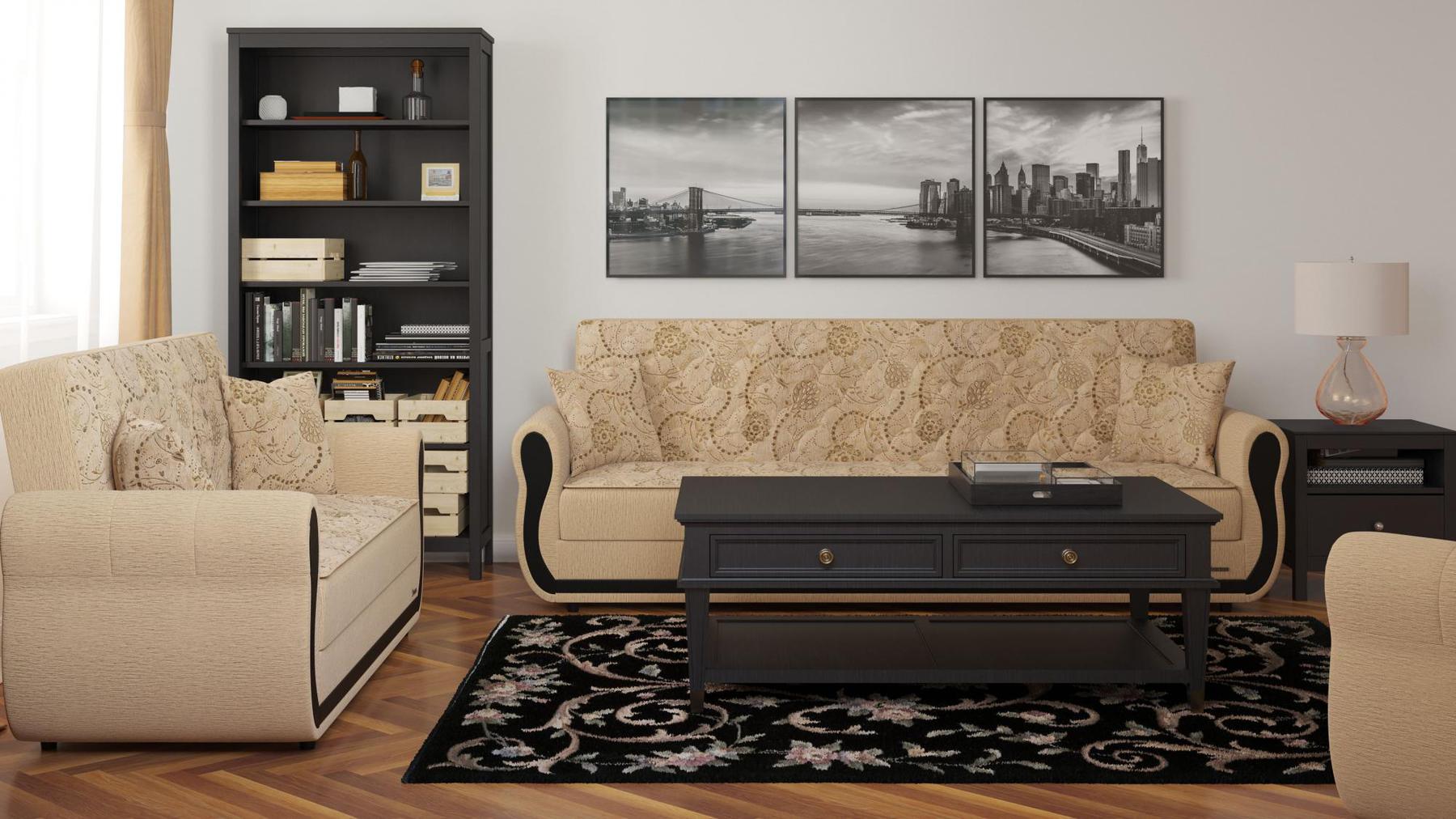 Modern design, Linen Color , Chenille upholstered convertible sleeper Sofabed with underseat storage from Victoria Urban by Ottomanson in living room lifestyle setting with another piece of furniture. This Sofabed measures 90 inches width by 28 inches depth by 38 inches height.
