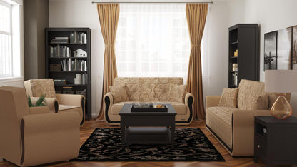 Modern design, Linen Color , Chenille upholstered convertible sleeper Sofabed with underseat storage from Victoria Urban by Ottomanson in living room lifestyle setting with the matching furniture set. This Sofabed measures 90 inches width by 28 inches depth by 38 inches height.