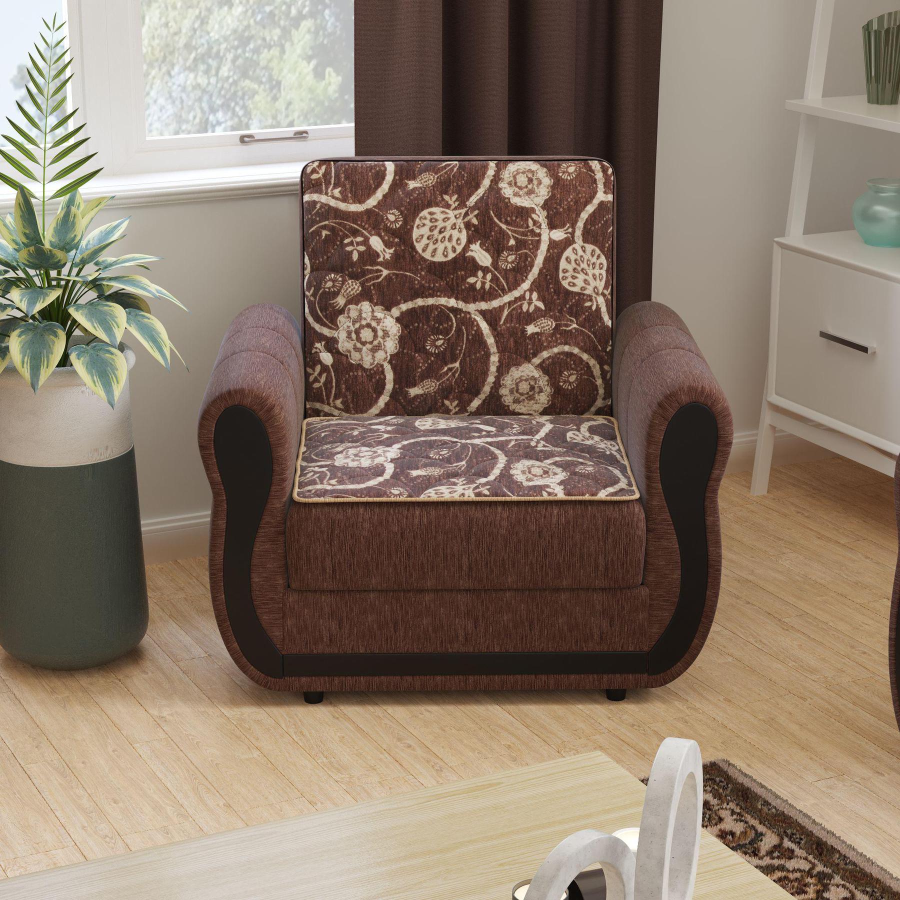 Modern design, Royal Brown , Chenille upholstered convertible Armchair with underseat storage from Victoria Urban by Ottomanson in living room lifestyle setting by itself. This Armchair measures 39 inches width by 28 inches depth by 38 inches height.