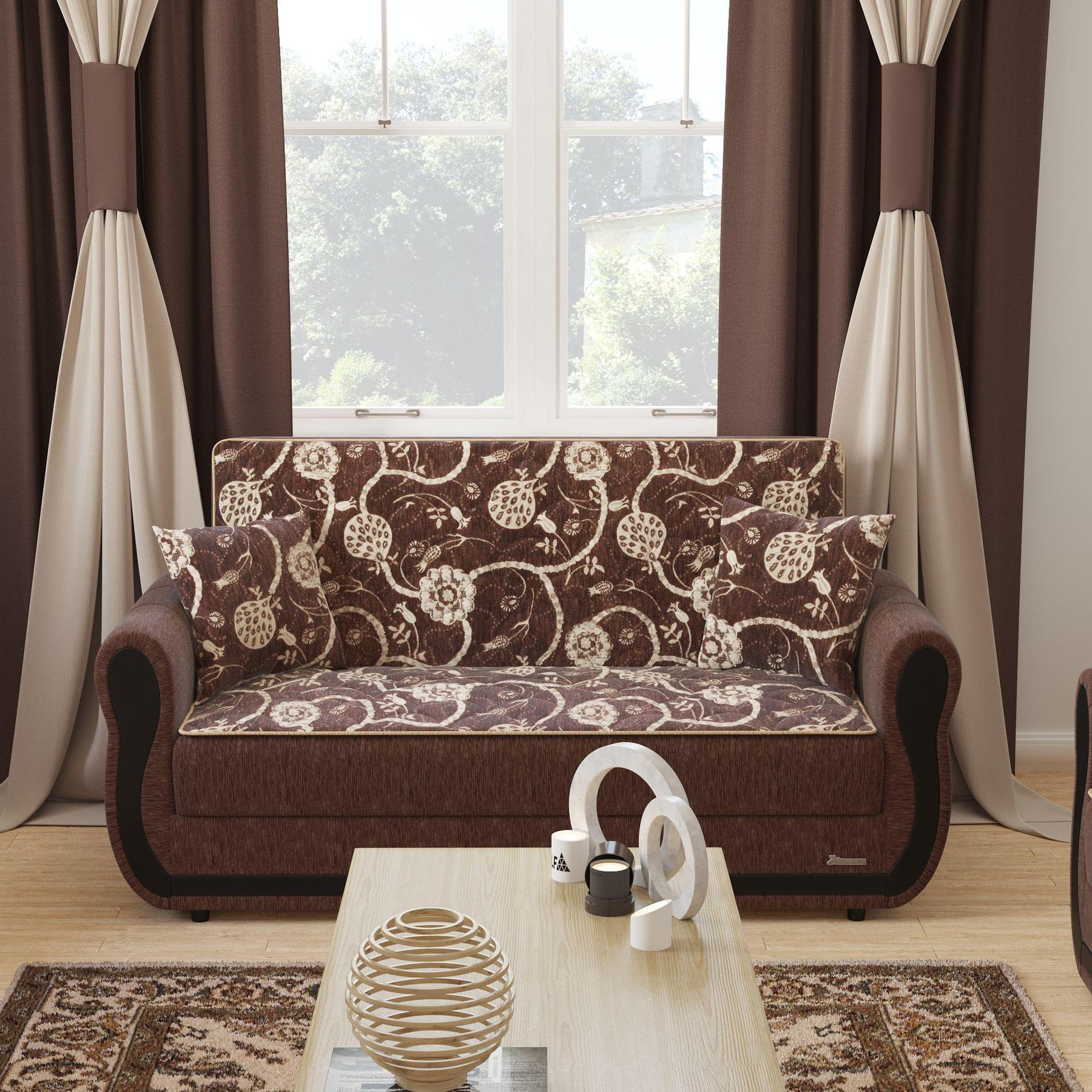 Modern design, Royal Brown , Chenille upholstered convertible sleeper Loveseat with underseat storage from Victoria Urban by Ottomanson in living room lifestyle setting by itself. This Loveseat measures 70 inches width by 28 inches depth by 38 inches height.