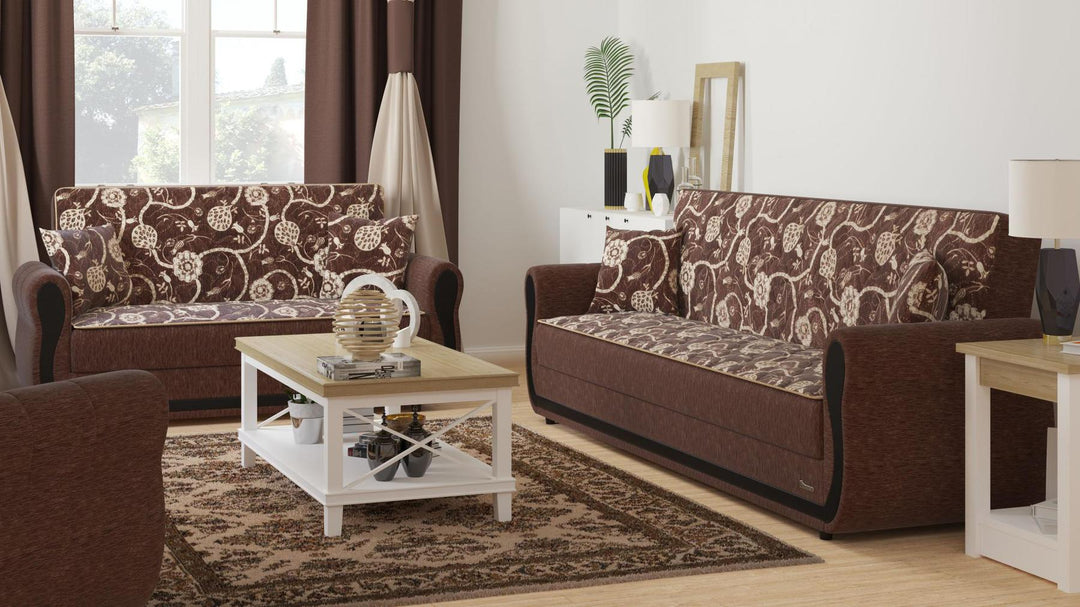 Modern design, Royal Brown , Chenille upholstered convertible sleeper Loveseat with underseat storage from Victoria Urban by Ottomanson in living room lifestyle setting with another piece of furniture. This Loveseat measures 70 inches width by 28 inches depth by 38 inches height.