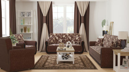 Modern design, Royal Brown , Chenille upholstered convertible sleeper Loveseat with underseat storage from Victoria Urban by Ottomanson in living room lifestyle setting with the matching furniture set. This Loveseat measures 70 inches width by 28 inches depth by 38 inches height.