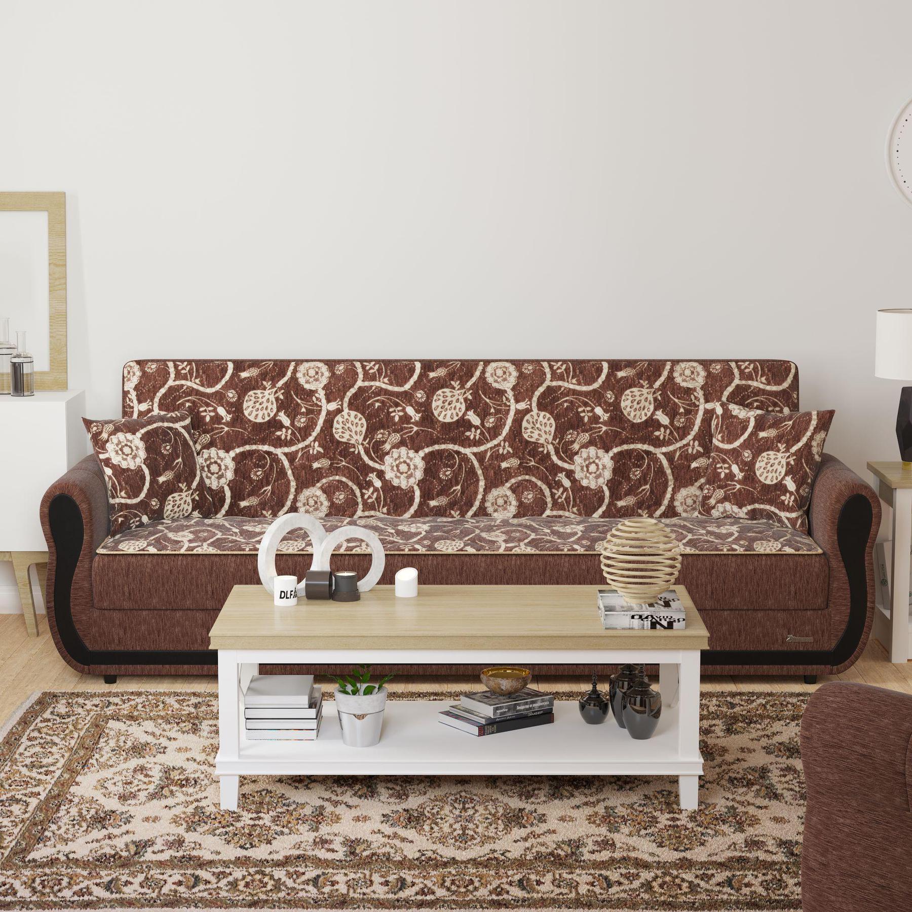 Modern design, Royal Brown , Chenille upholstered convertible sleeper Sofabed with underseat storage from Victoria Urban by Ottomanson in living room lifestyle setting by itself. This Sofabed measures 90 inches width by 28 inches depth by 38 inches height.