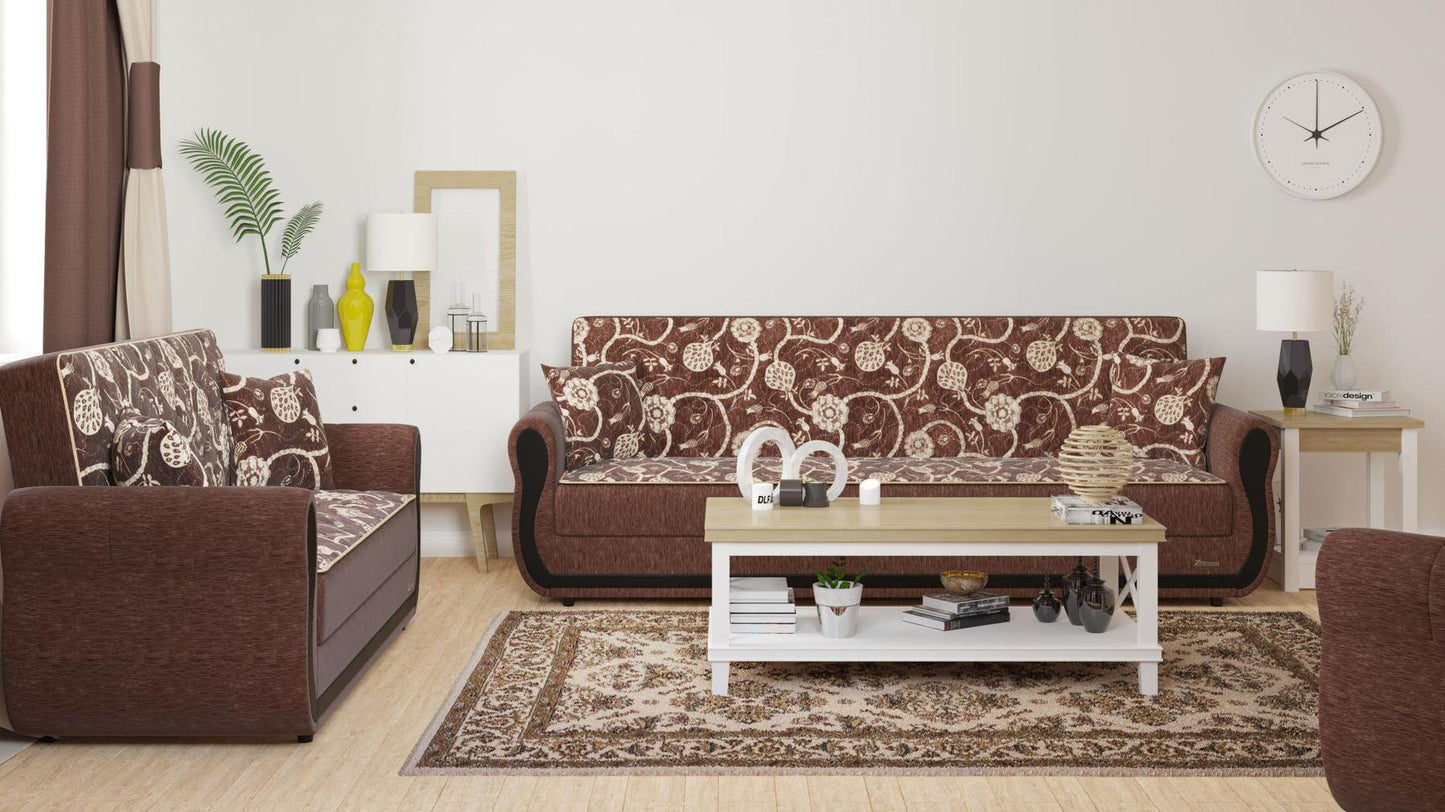 Modern design, Royal Brown , Chenille upholstered convertible sleeper Sofabed with underseat storage from Victoria Urban by Ottomanson in living room lifestyle setting with another piece of furniture. This Sofabed measures 90 inches width by 28 inches depth by 38 inches height.