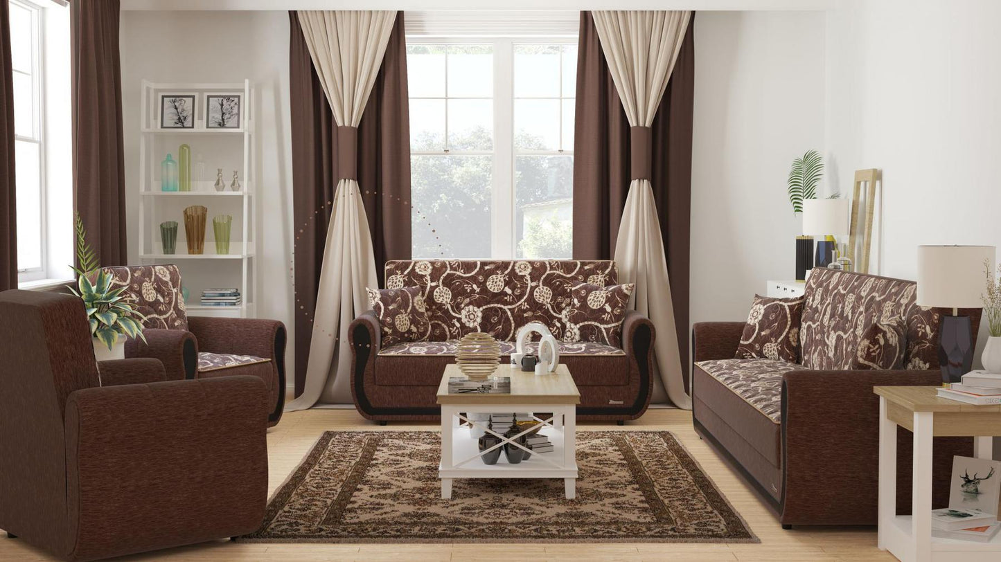 Modern design, Royal Brown , Chenille upholstered convertible sleeper Sofabed with underseat storage from Victoria Urban by Ottomanson in living room lifestyle setting with the matching furniture set. This Sofabed measures 90 inches width by 28 inches depth by 38 inches height.