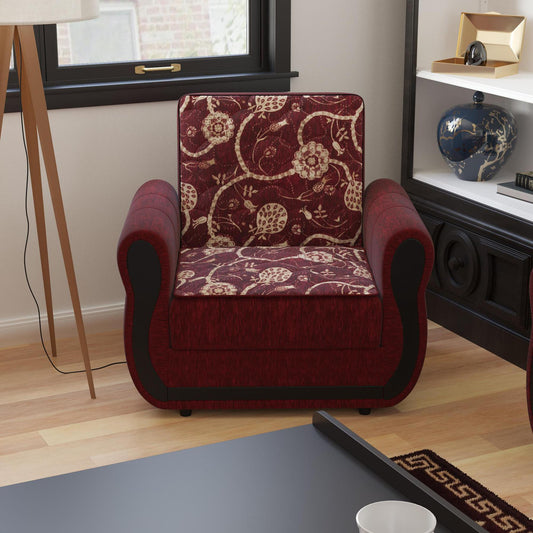 Modern design, Burgundy , Chenille upholstered convertible Armchair with underseat storage from Victoria Urban by Ottomanson in living room lifestyle setting by itself. This Armchair measures 39 inches width by 28 inches depth by 38 inches height.