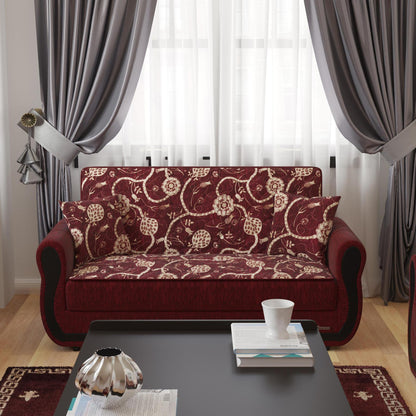 Modern design, Burgundy , Chenille upholstered convertible sleeper Loveseat with underseat storage from Victoria Urban by Ottomanson in living room lifestyle setting by itself. This Loveseat measures 70 inches width by 28 inches depth by 38 inches height.