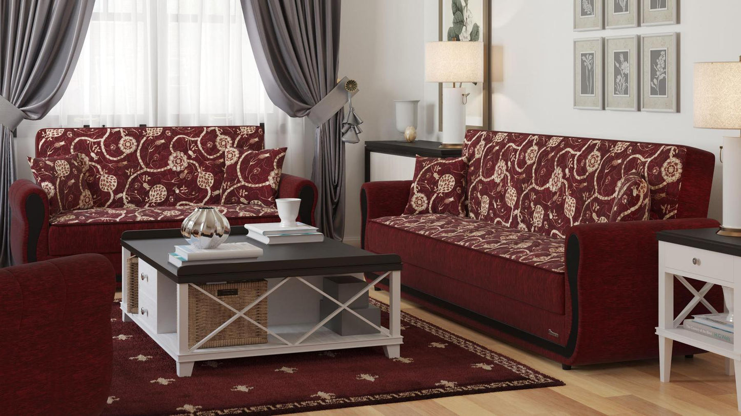Modern design, Burgundy , Chenille upholstered convertible sleeper Loveseat with underseat storage from Victoria Urban by Ottomanson in living room lifestyle setting with another piece of furniture. This Loveseat measures 70 inches width by 28 inches depth by 38 inches height.
