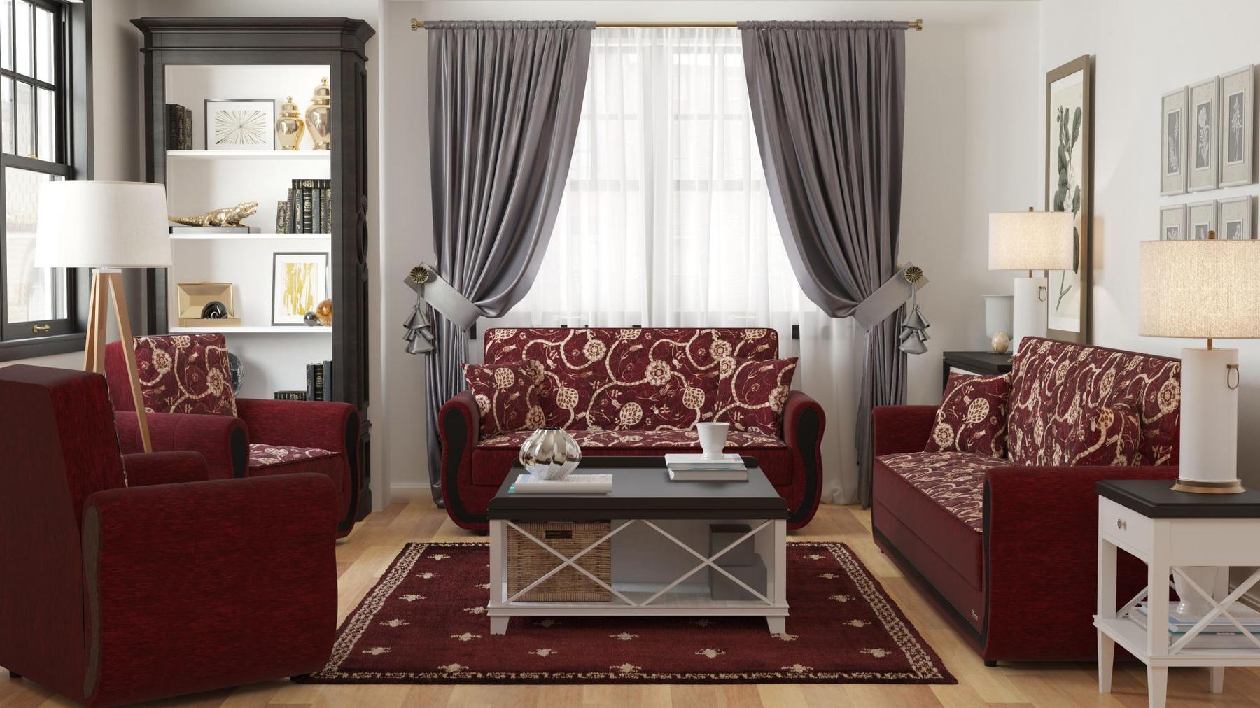 Modern design, Burgundy , Chenille upholstered convertible sleeper Loveseat with underseat storage from Victoria Urban by Ottomanson in living room lifestyle setting with the matching furniture set. This Loveseat measures 70 inches width by 28 inches depth by 38 inches height.