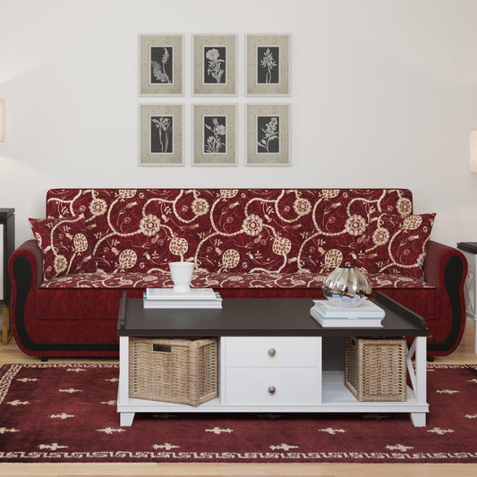 Modern design, Burgundy , Chenille upholstered convertible sleeper Sofabed with underseat storage from Victoria Urban by Ottomanson in living room lifestyle setting by itself. This Sofabed measures 90 inches width by 28 inches depth by 38 inches height.
