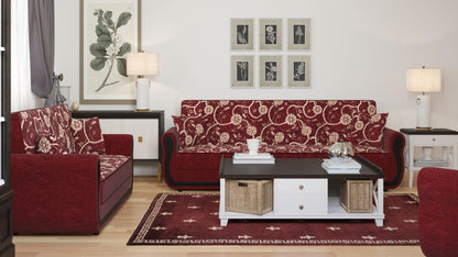 Modern design, Burgundy , Chenille upholstered convertible sleeper Sofabed with underseat storage from Victoria Urban by Ottomanson in living room lifestyle setting with another piece of furniture. This Sofabed measures 90 inches width by 28 inches depth by 38 inches height.