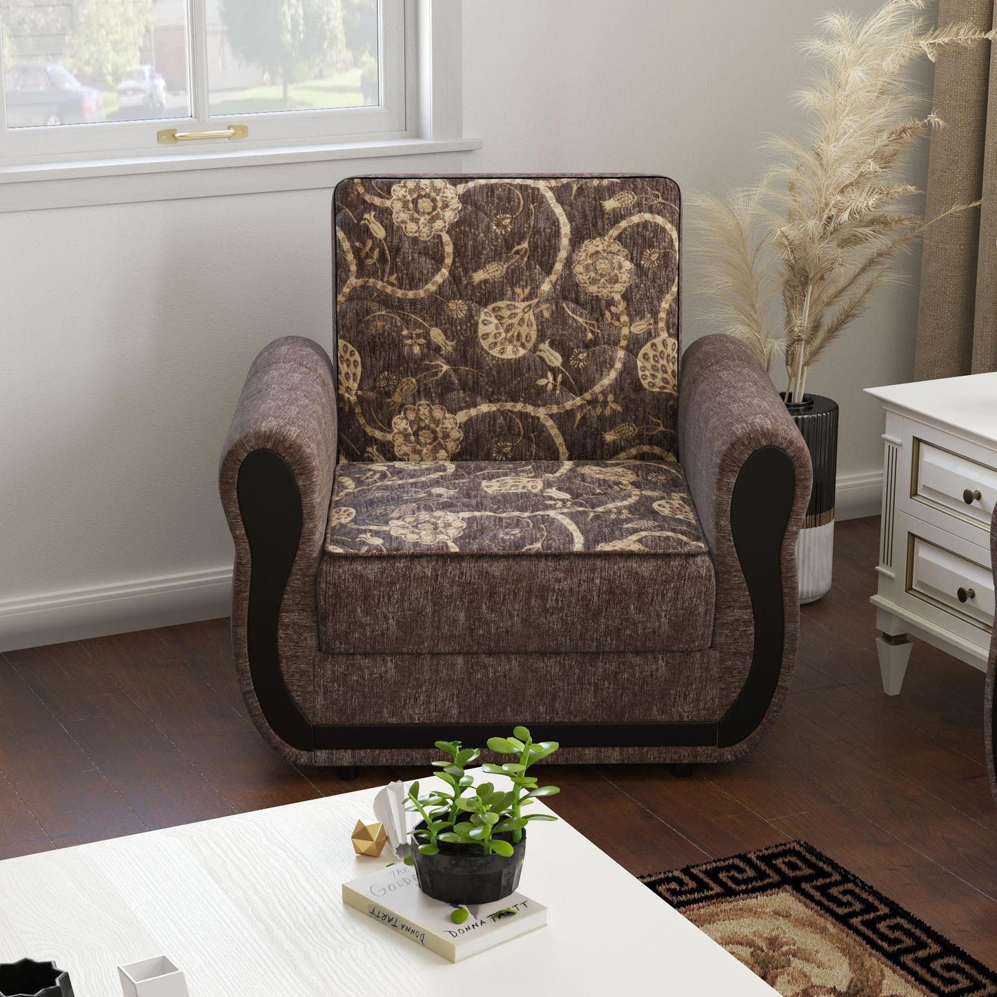 Modern design, Silver , Chenille upholstered convertible Armchair with underseat storage from Victoria Urban by Ottomanson in living room lifestyle setting by itself. This Armchair measures 39 inches width by 28 inches depth by 38 inches height.