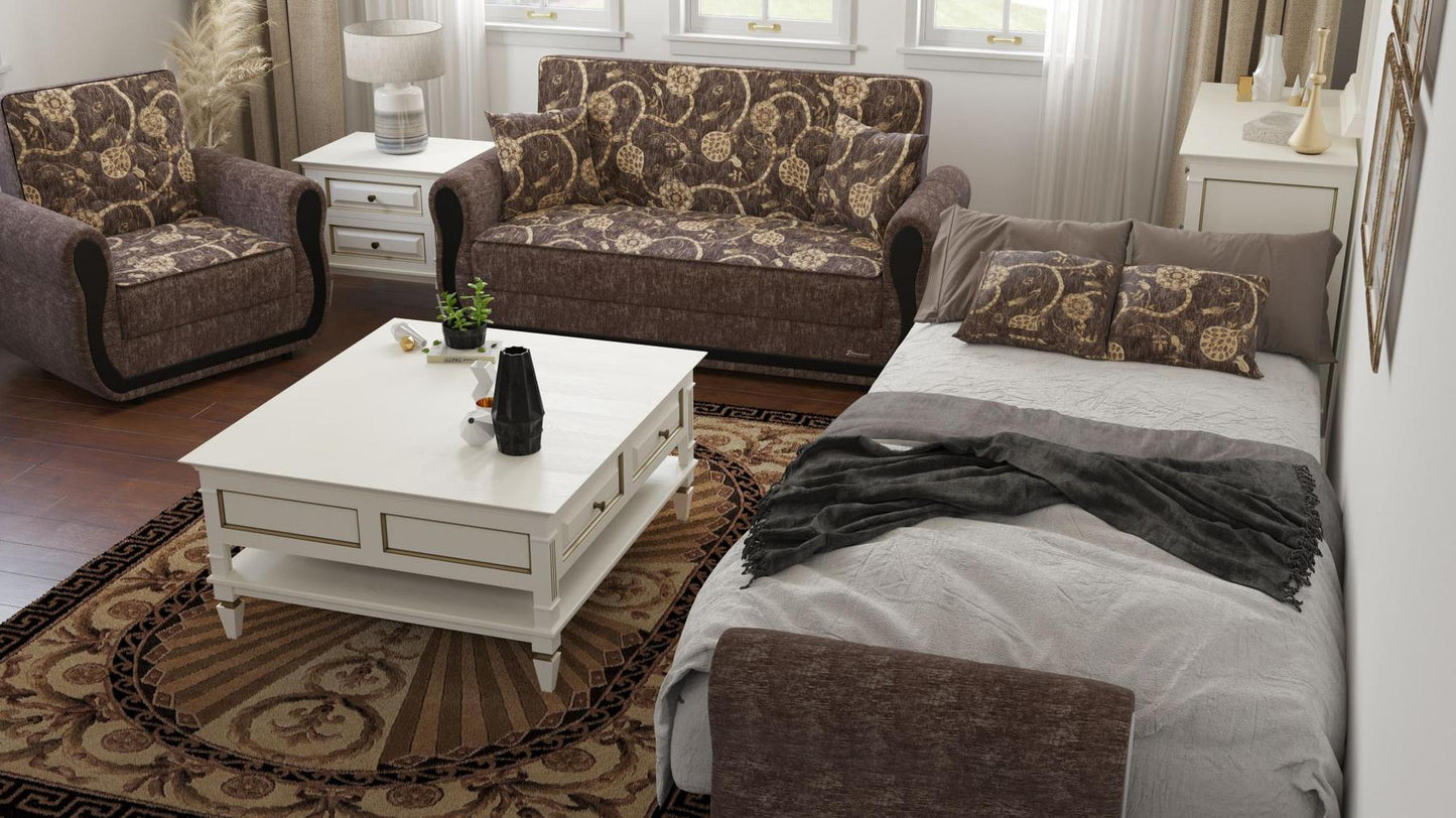Modern design, Silver , Chenille  upholstered convertible Armchair with underseat storage from Victoria Urban by Ottomanson in living room lifestyle setting converted to sleeper. This Armchair measures 39 inches width by 28 inches depth by 38 inches height.